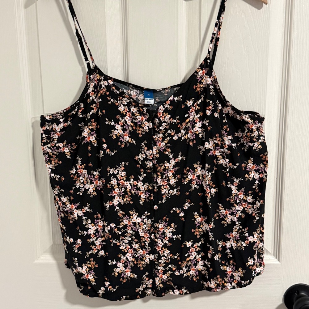Old Navy Women XL Black Floral Tank Button Front Cami Cottagecore Boho Dainty